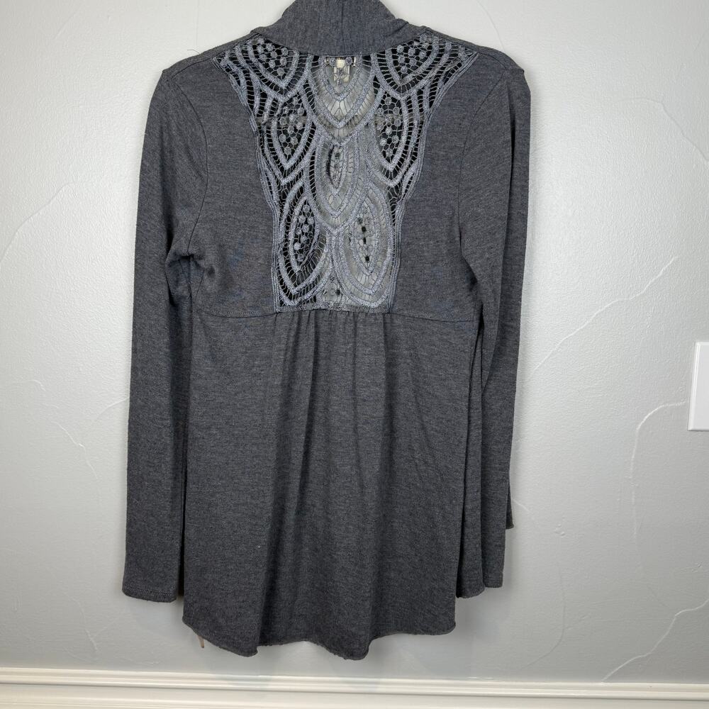 Live and Let Live Gray Cardigan Small Boho Crochet Back Drape Open Front